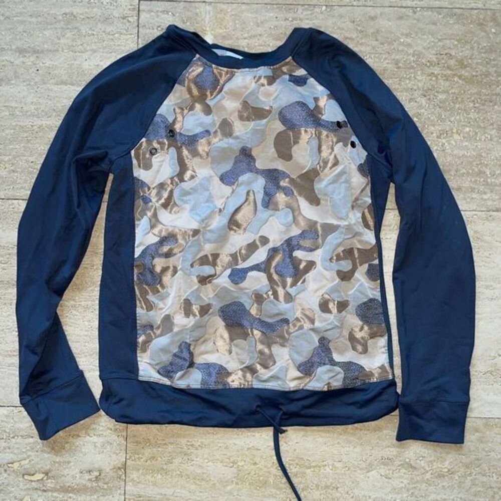 Koral Womens Patchwork Camouflage Print Drawstring Hem Pullover Top Blue Size S